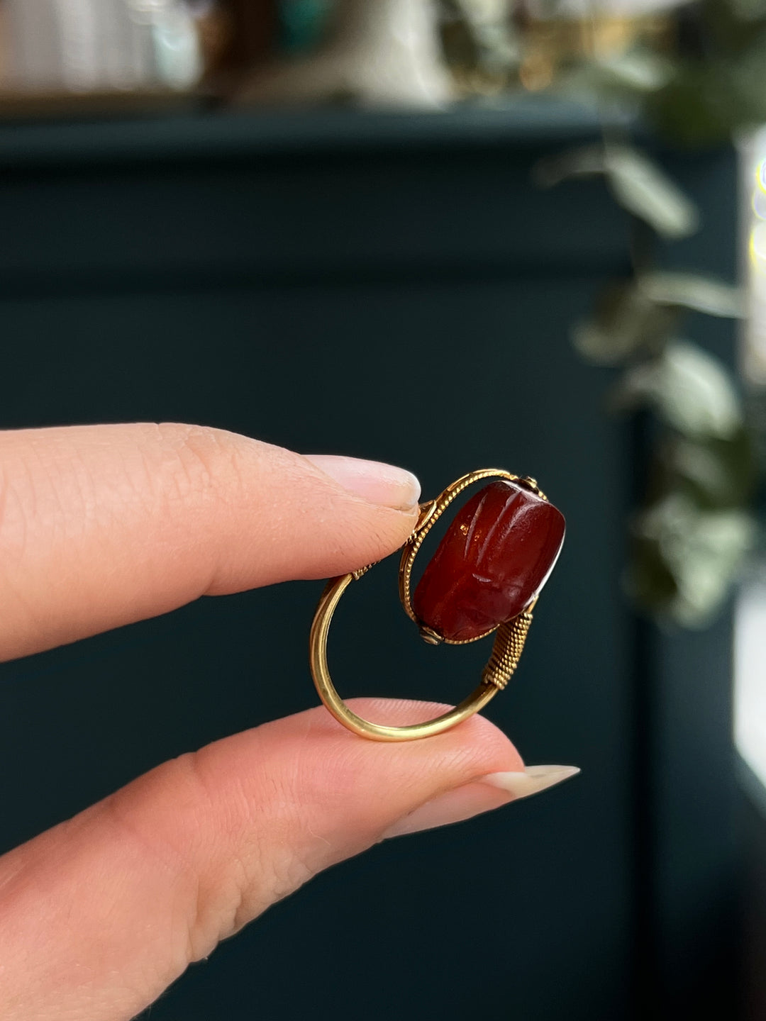 Superbly Rare Carnelian Scarab Ring in Victorian Setting