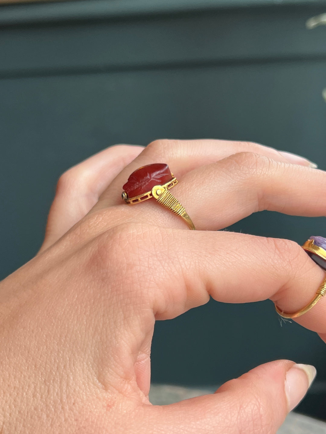 Superbly Rare Carnelian Scarab Ring in Victorian Setting