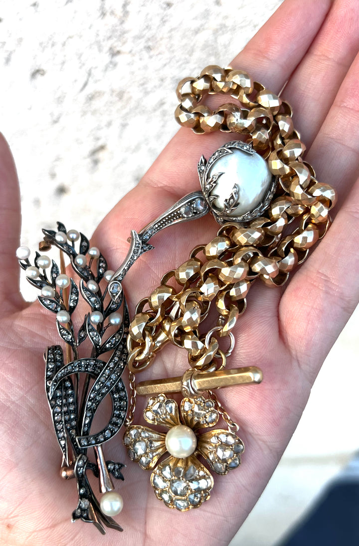 Napoleon III Wheat & Scythe Brooch with Pearls | 110 Rose Cut Diamonds .97ctw | 18ct Pink Gold & Sterling | c.1860s