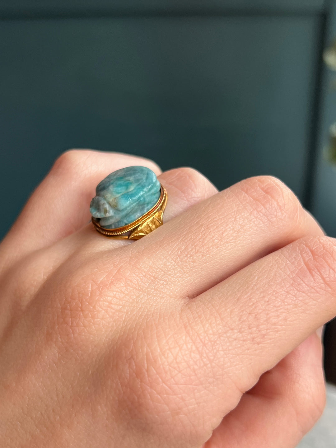 Amazonite Scarab Ring with Lotus Shoulders c. 1880