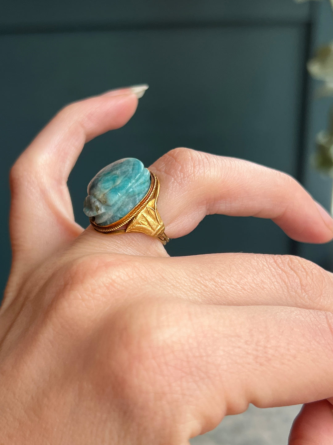 Amazonite Scarab Ring with Lotus Shoulders c. 1880