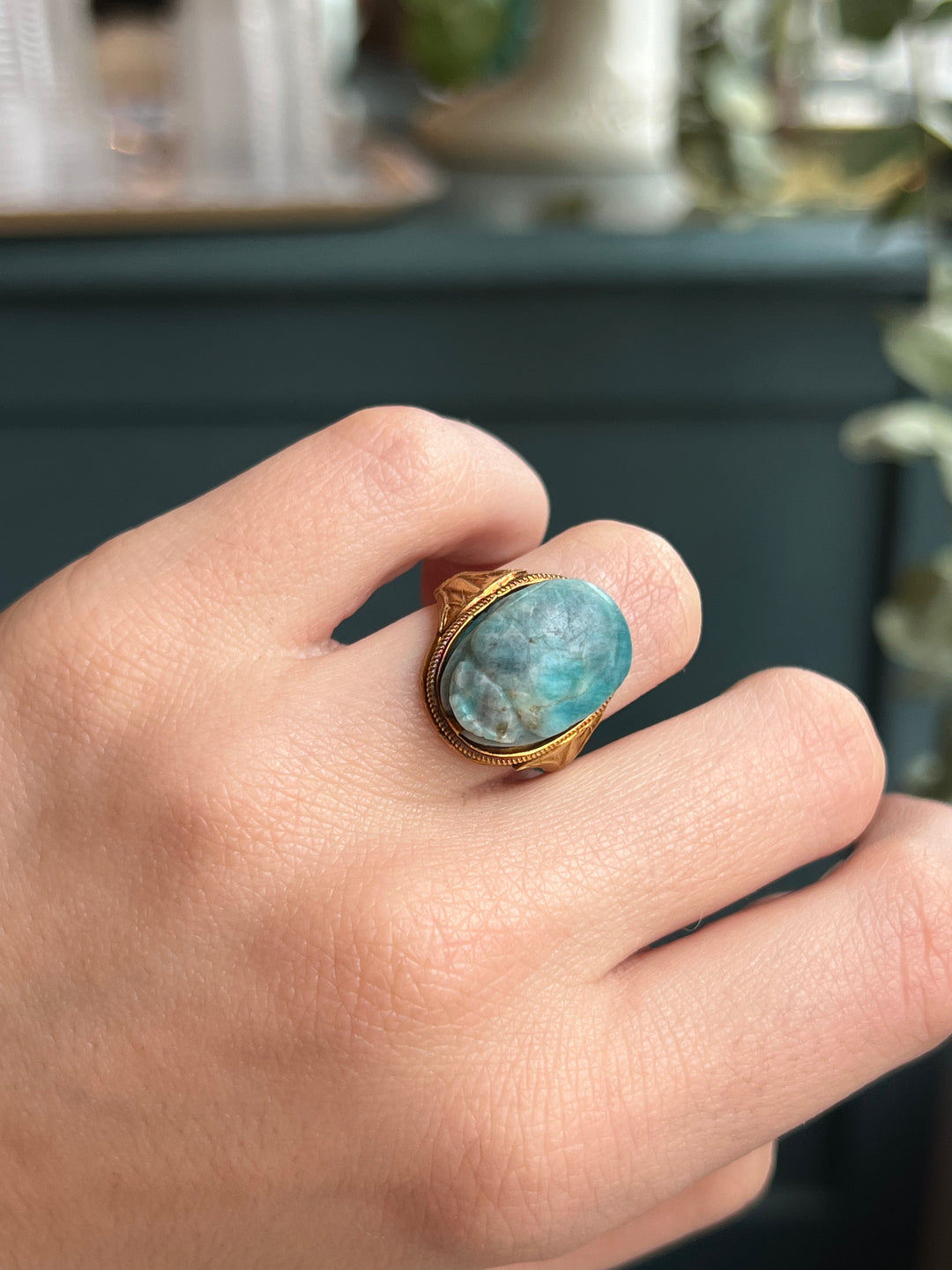 Amazonite Scarab Ring with Lotus Shoulders c. 1880