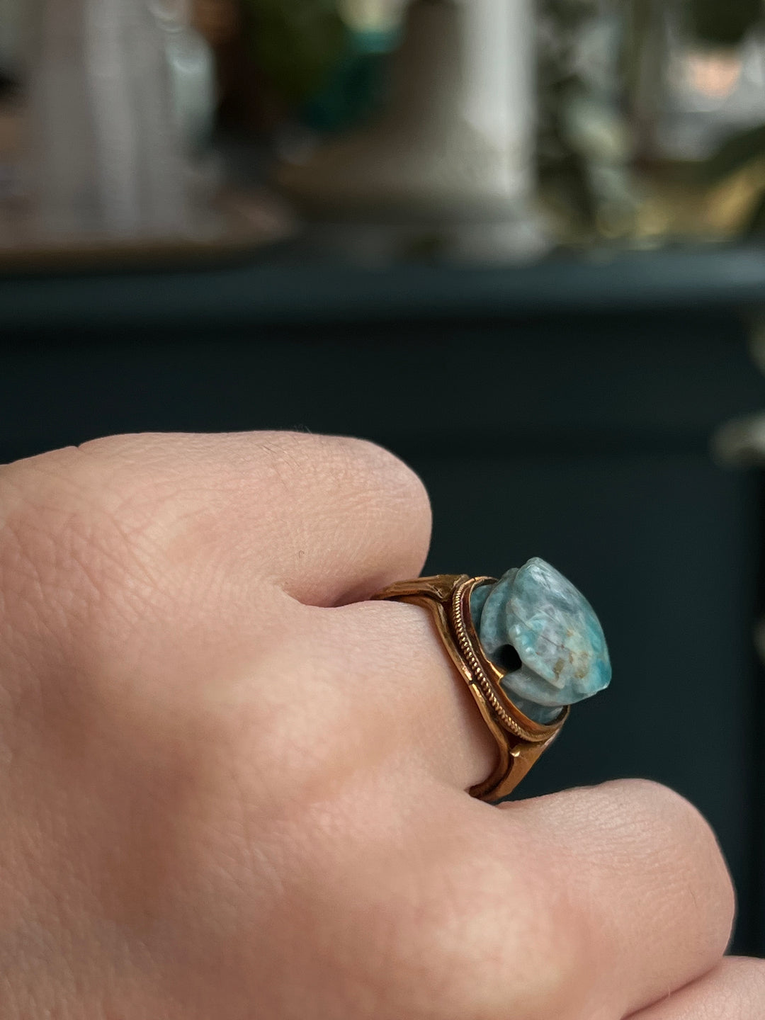 Amazonite Scarab Ring with Lotus Shoulders c. 1880