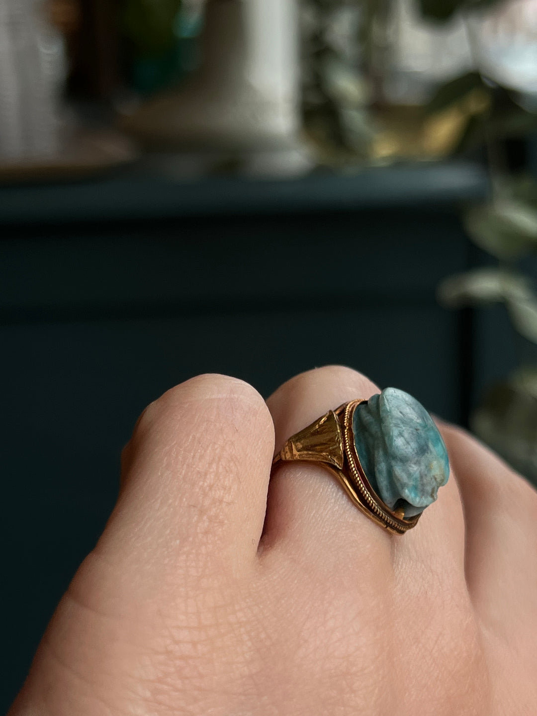 Amazonite Scarab Ring with Lotus Shoulders c. 1880