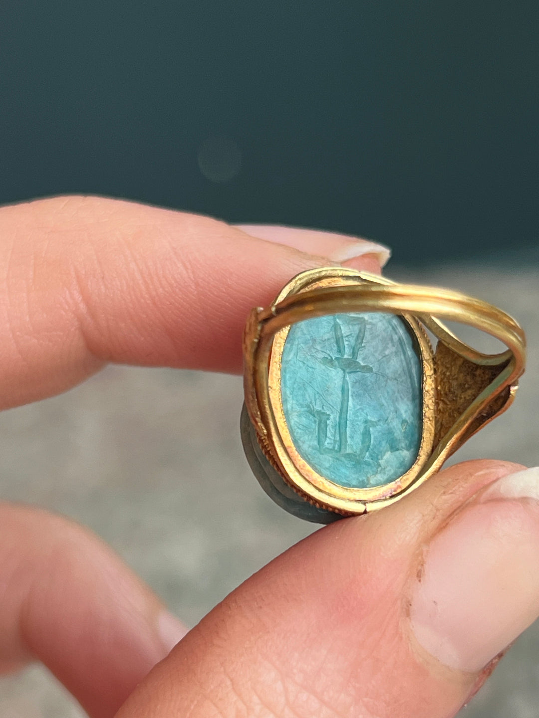 Amazonite Scarab Ring with Lotus Shoulders c. 1880