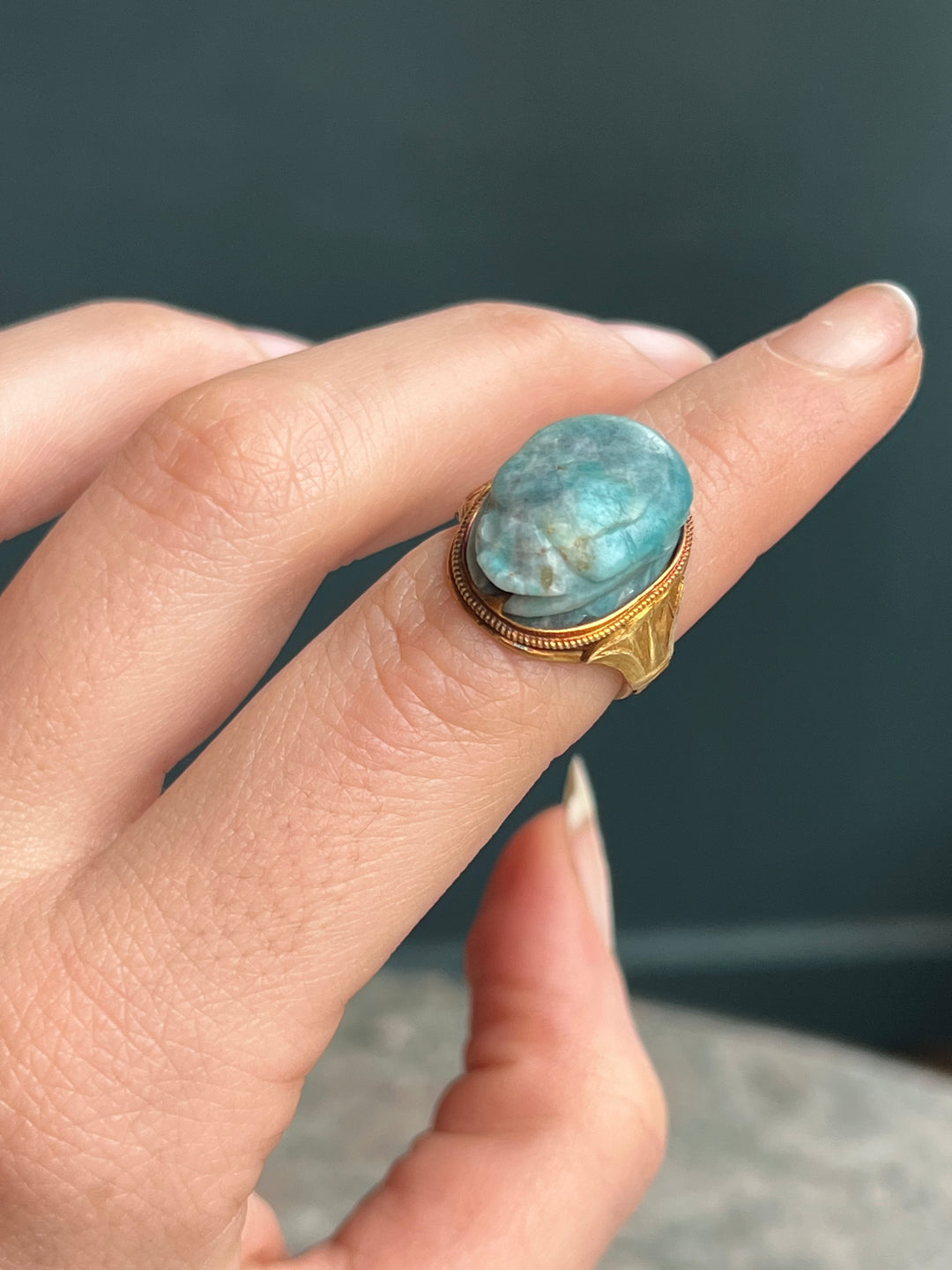 Amazonite Scarab Ring with Lotus Shoulders c. 1880