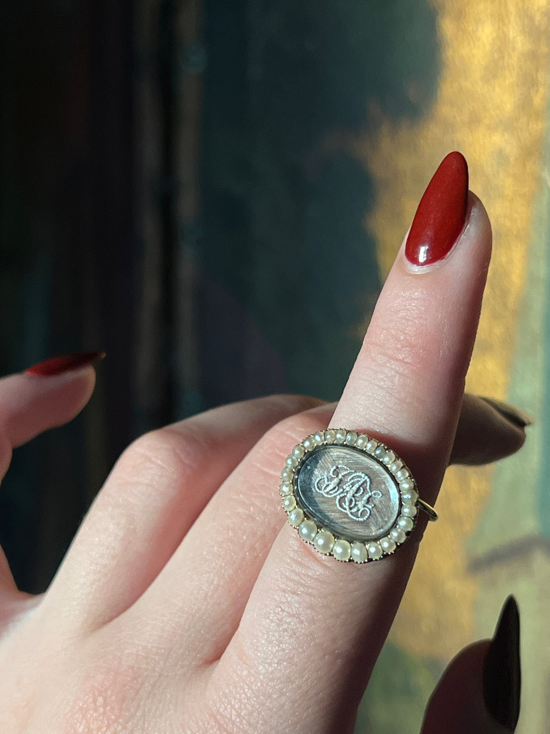 Exceptional Early 19th Century Georgian Seed Pearl and Hair Memorial Ring