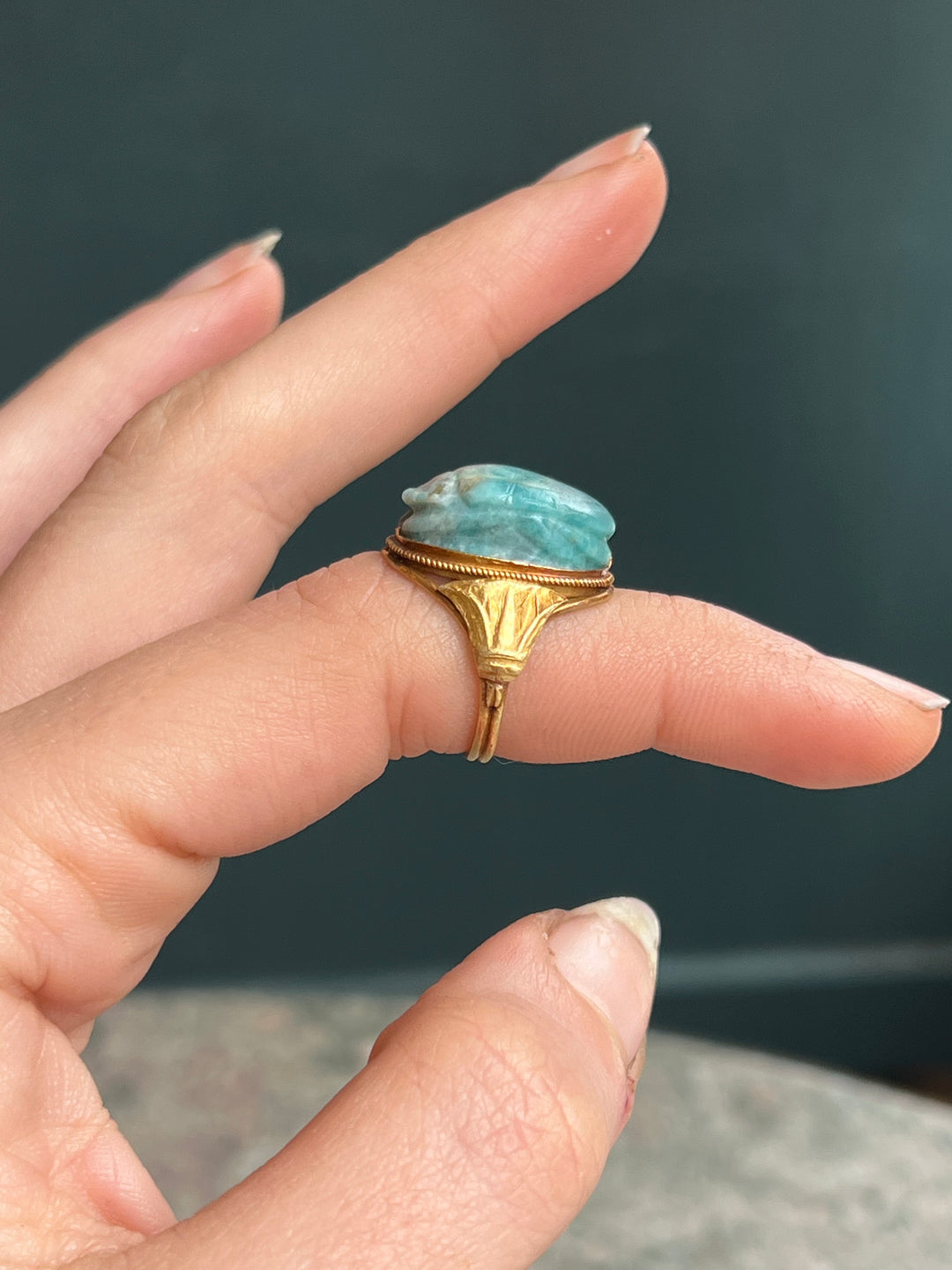 Amazonite Scarab Ring with Lotus Shoulders c. 1880