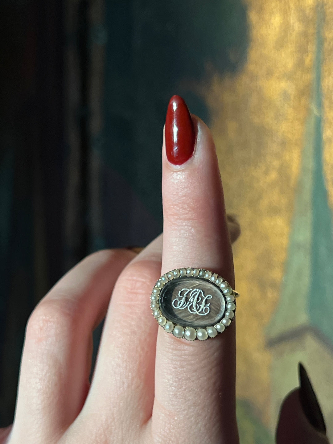 Exceptional Early 19th Century Georgian Seed Pearl and Hair Memorial Ring