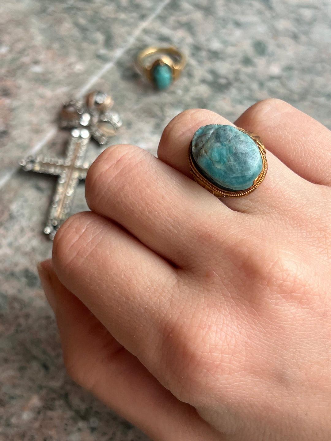 Amazonite Scarab Ring with Lotus Shoulders c. 1880