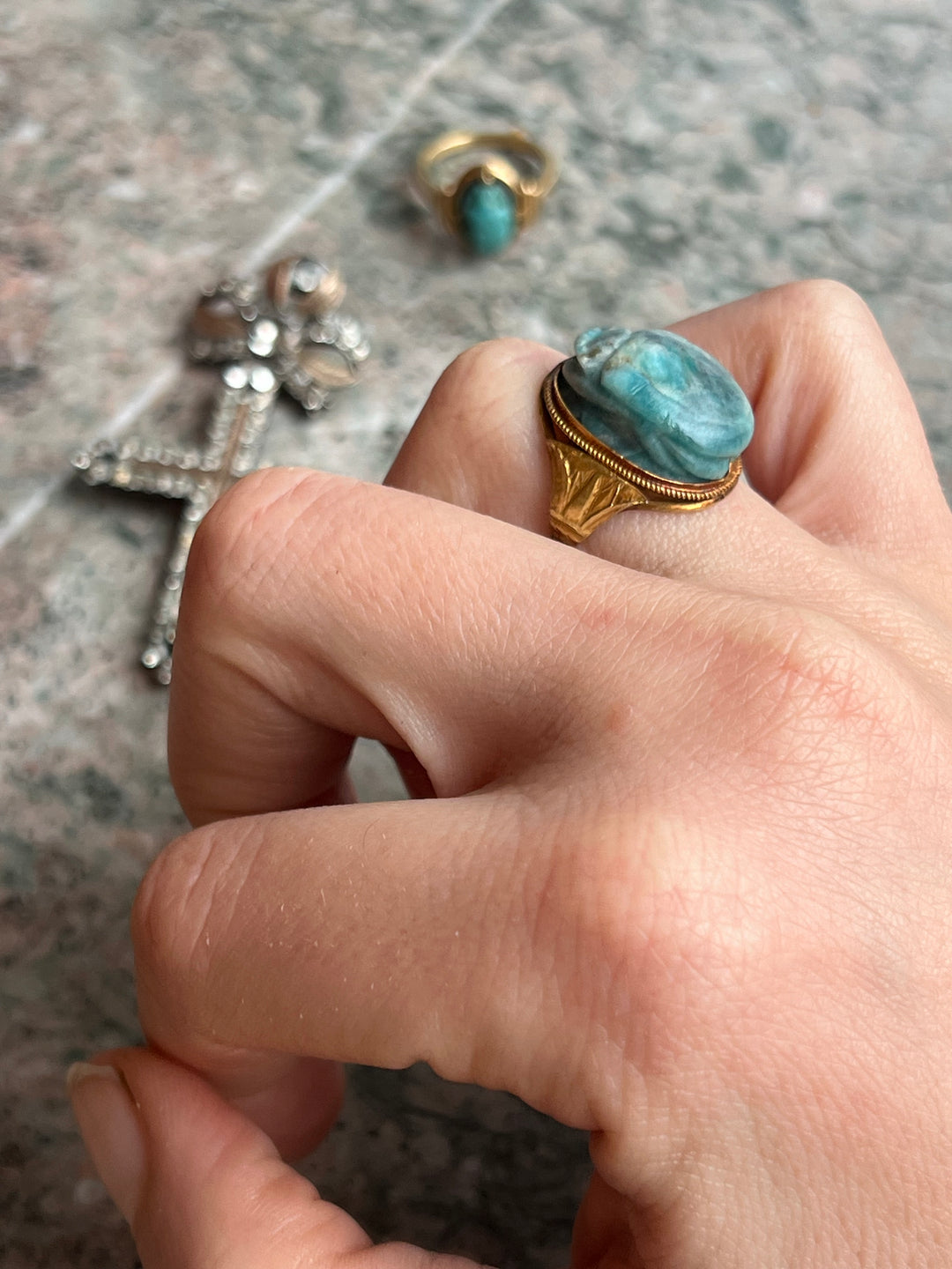 Amazonite Scarab Ring with Lotus Shoulders c. 1880