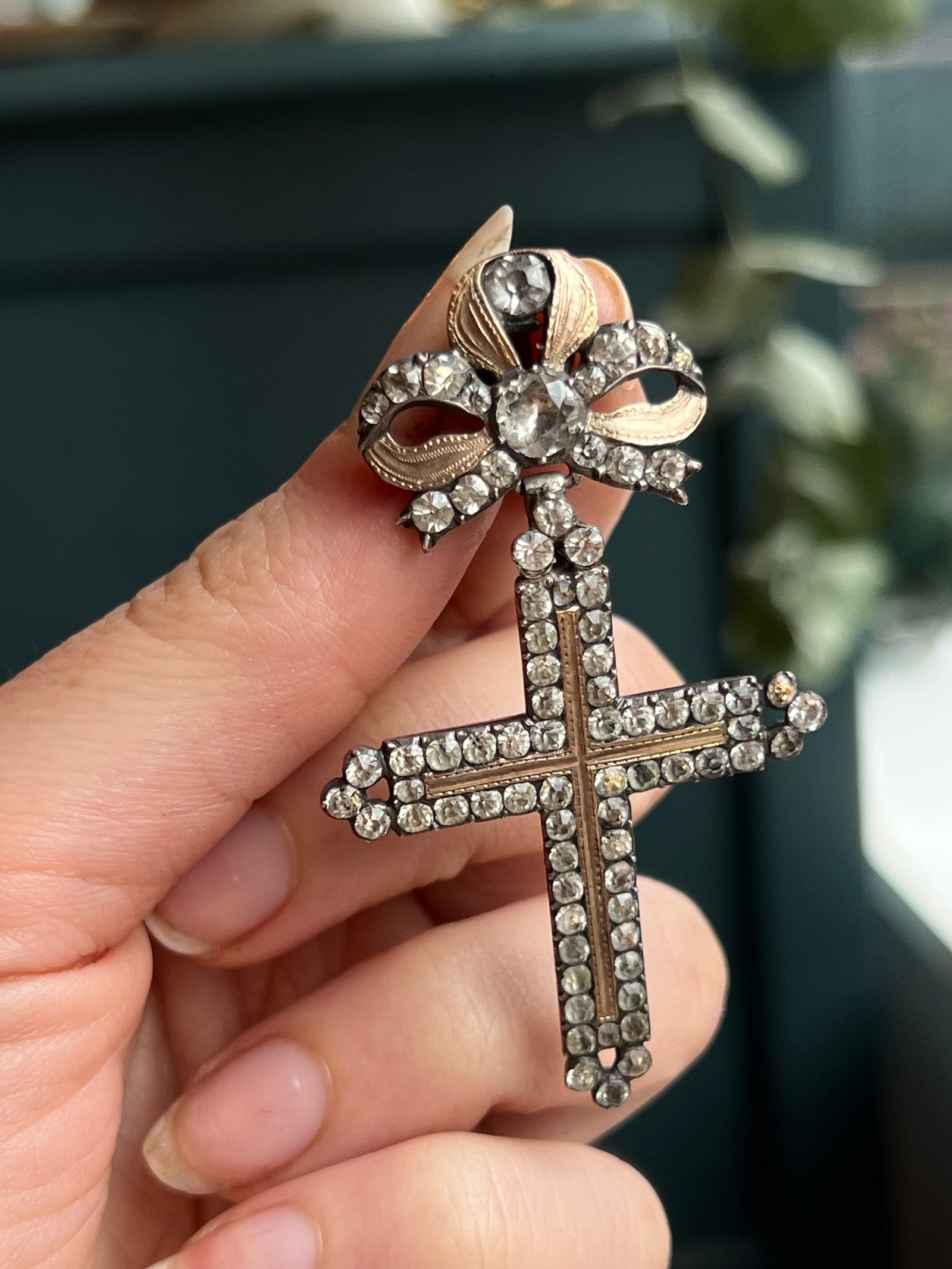 Early 19th century French provincial paste cross with sparkling glass stones in antique metal setting