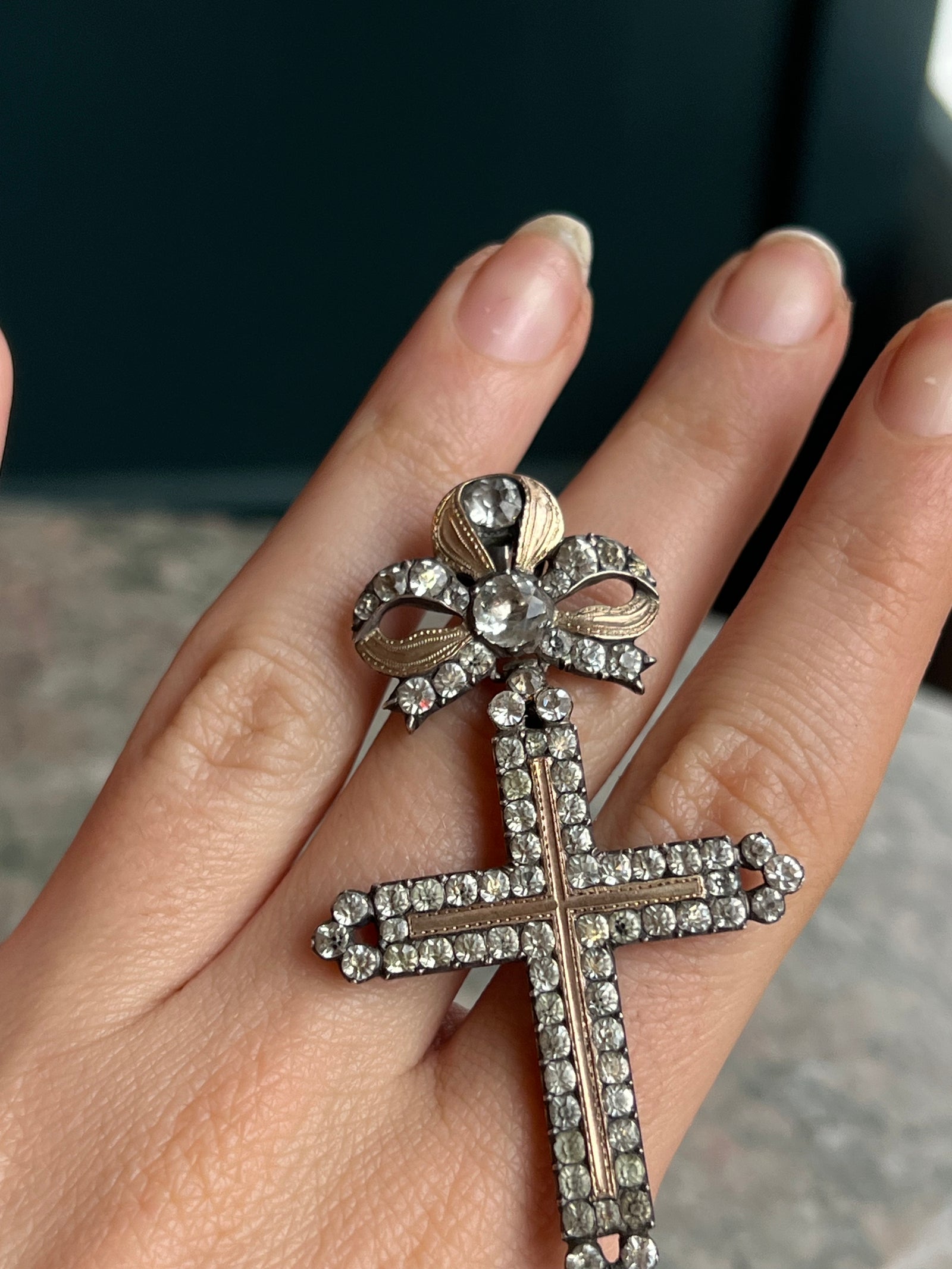 Early 19th century French provincial paste cross with sparkling glass stones in antique metal setting