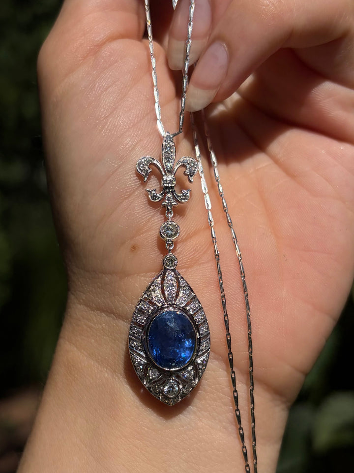 Rose-Cut Sapphire & Diamond Fleur-de-Lis Pendant with Chain