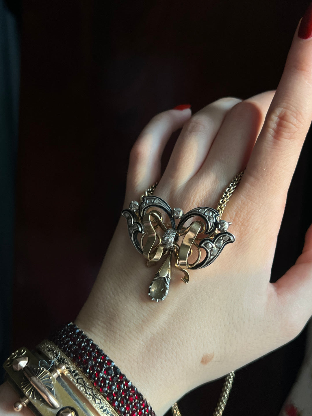 19th Century Rose Cut Diamond and Enamel Bow Brooch