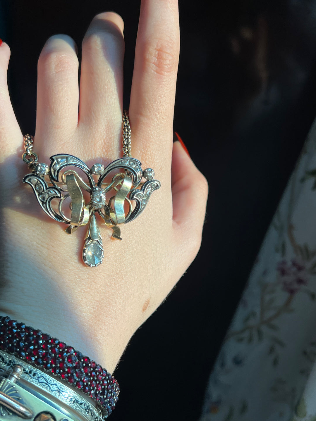 19th Century Rose Cut Diamond and Enamel Bow Brooch