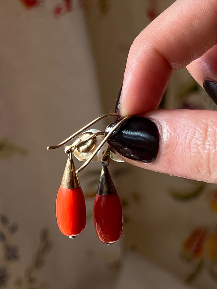 Outstanding Victorian Coral and Pearl Day Night Earrings