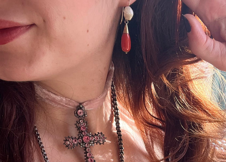 Outstanding Victorian Coral and Pearl Day Night Earrings