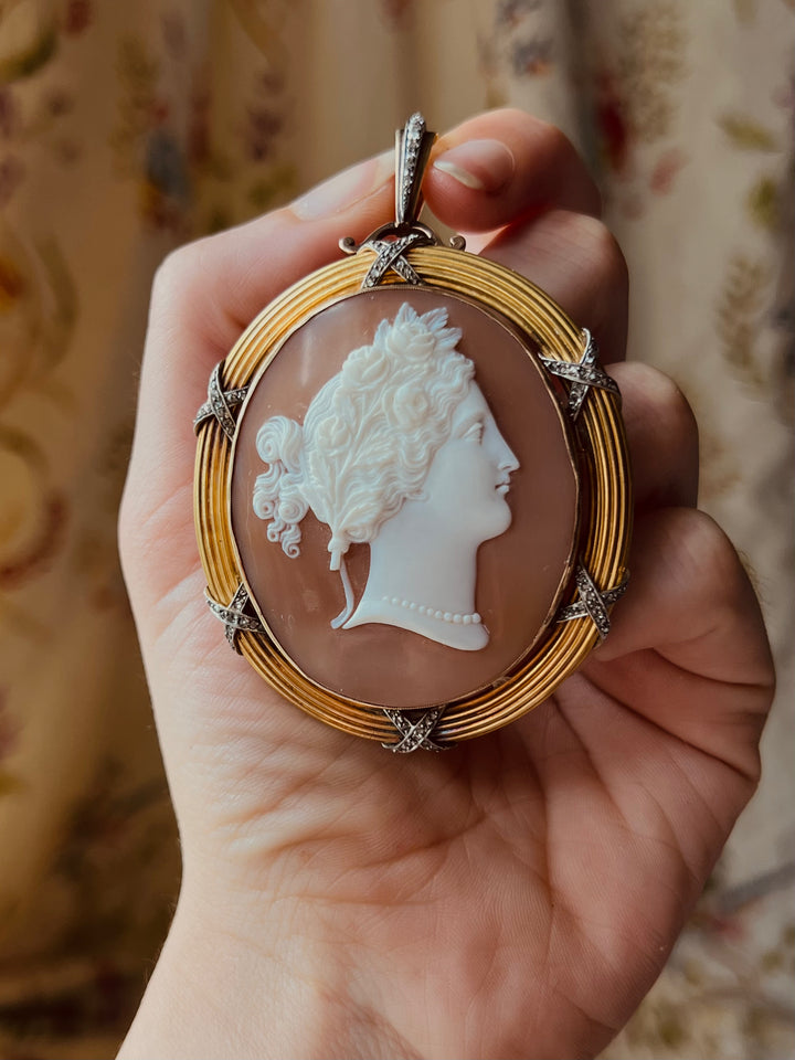 Outstanding 18ct Napoleon III Cameo of Flora with Diamonds