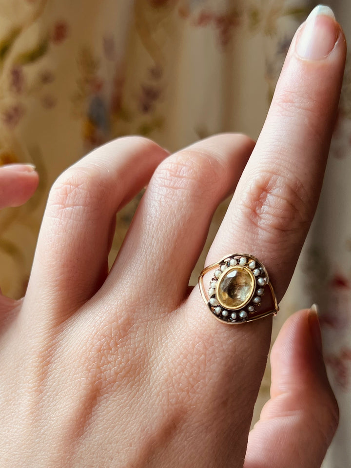 Gorgeous Early 19th C Foiled Citrine + Pearl Ring