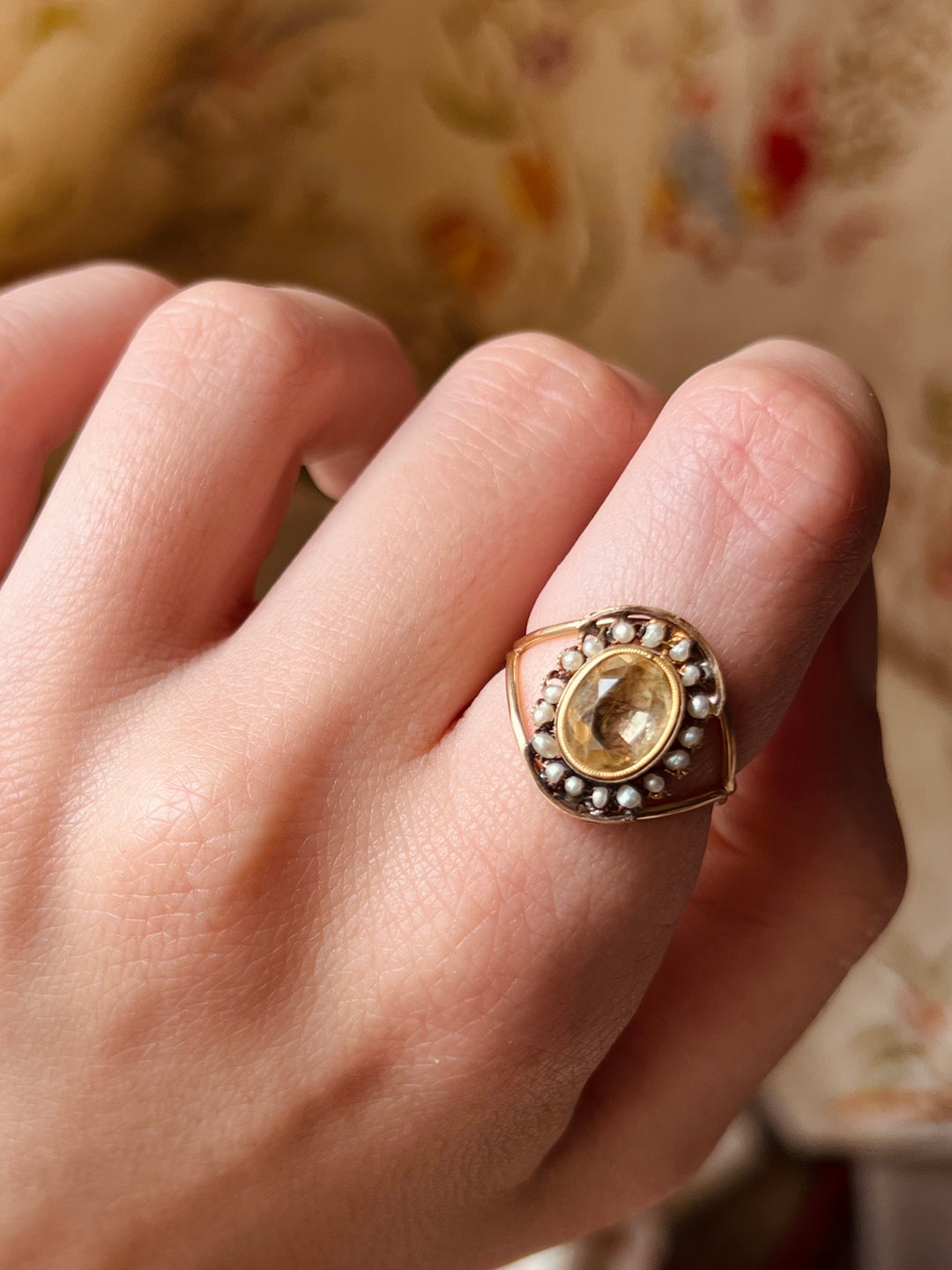 Gorgeous Early 19th C Foiled Citrine + Pearl Ring