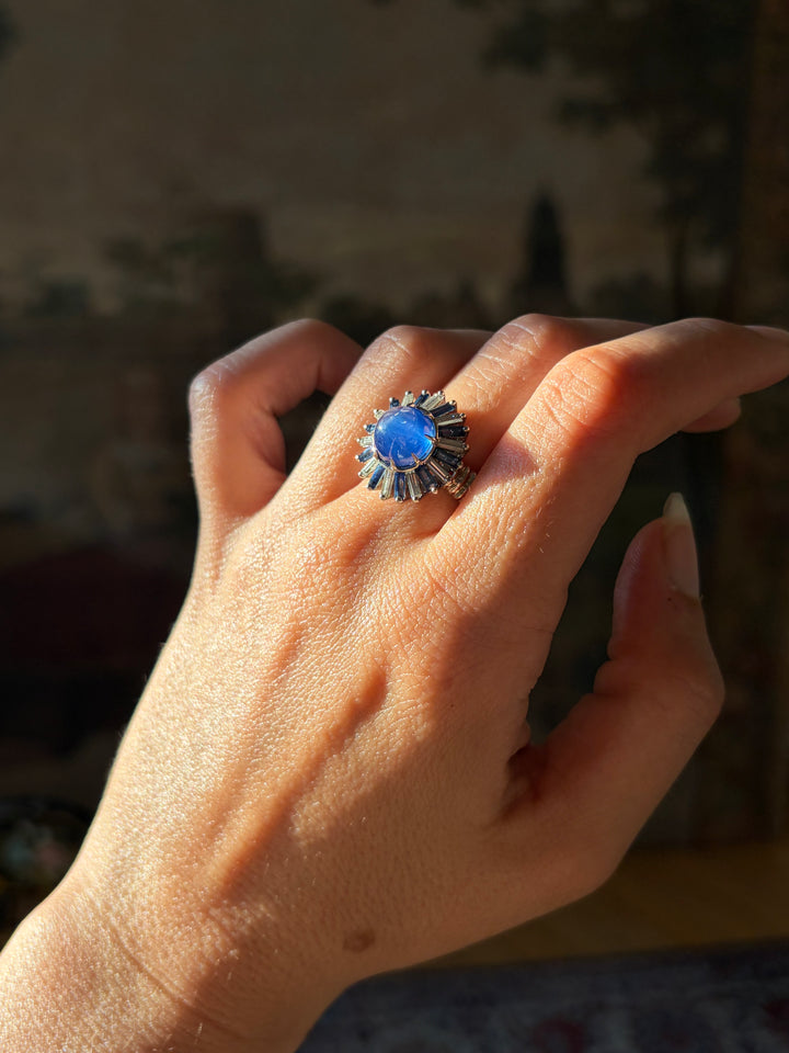 Certified Unheated Ceylon Sapphire Ring with Step Cut Sapphire & Baguette Diamond Halo