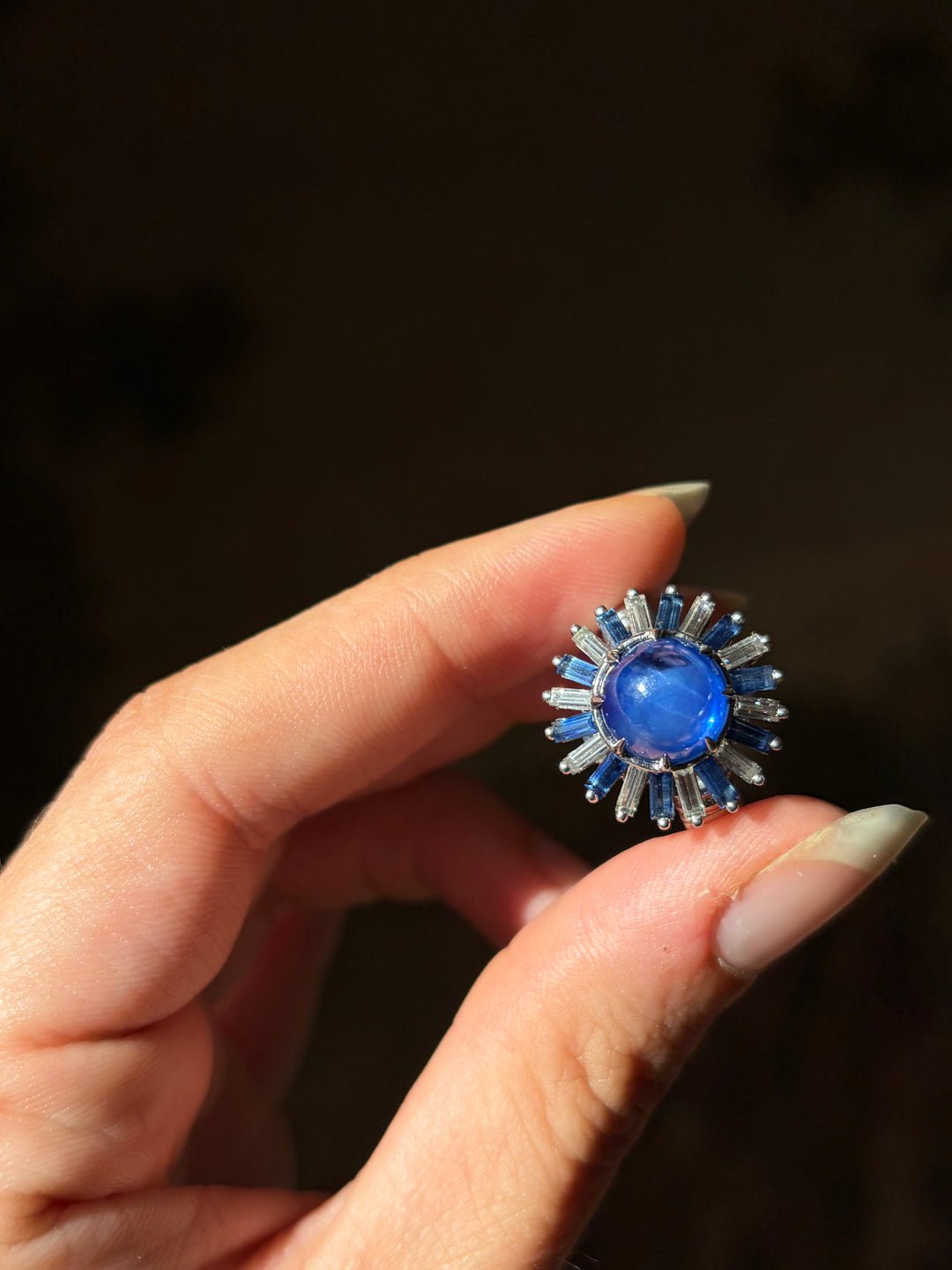 Certified Unheated Ceylon Sapphire Ring with Step Cut Sapphire & Baguette Diamond Halo