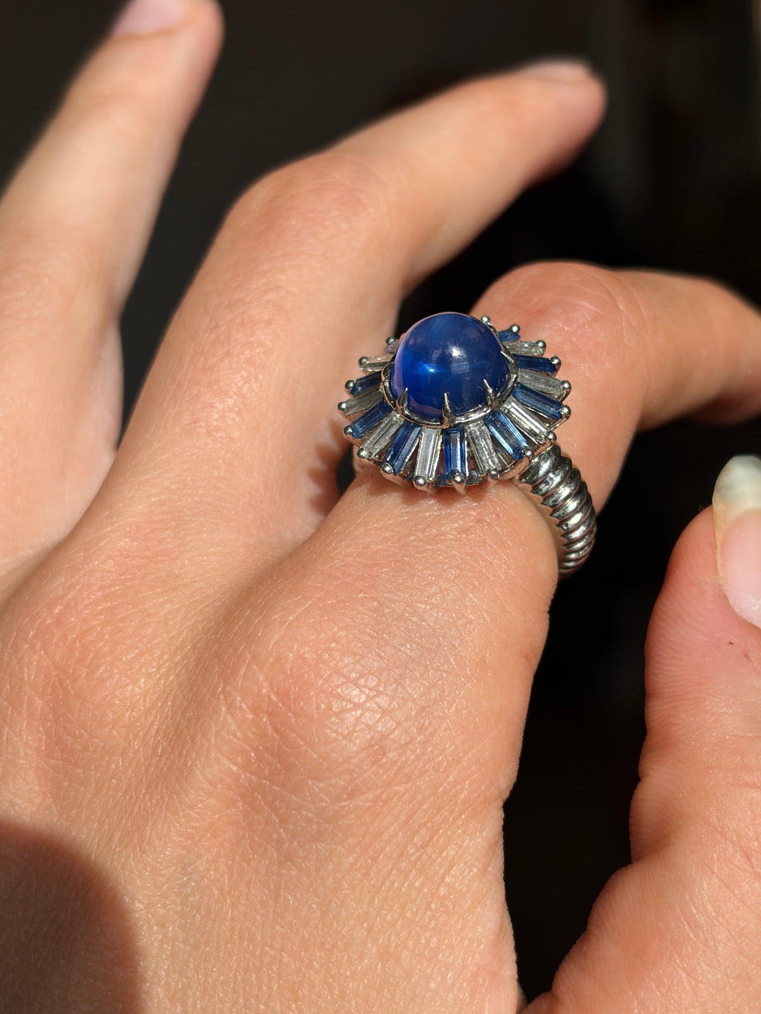 Certified Unheated Ceylon Sapphire Ring with Step Cut Sapphire & Baguette Diamond Halo