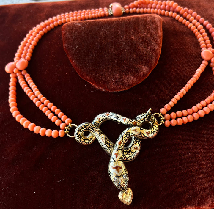 Outstanding Coral and Enamel Snake Necklace c. 1830