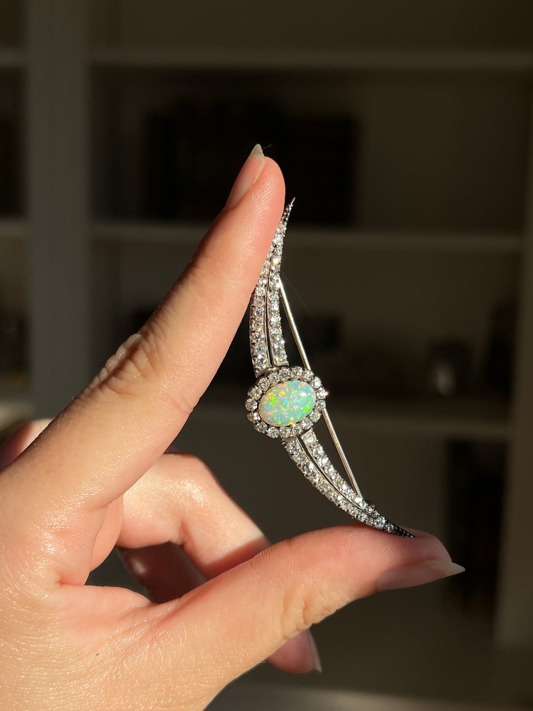 English Diamond & Opal Crescent Brooch | 2.11ctw Old Mine Diamonds 1.90ct Opal | 15ct Gold & Sterling | c.1880s