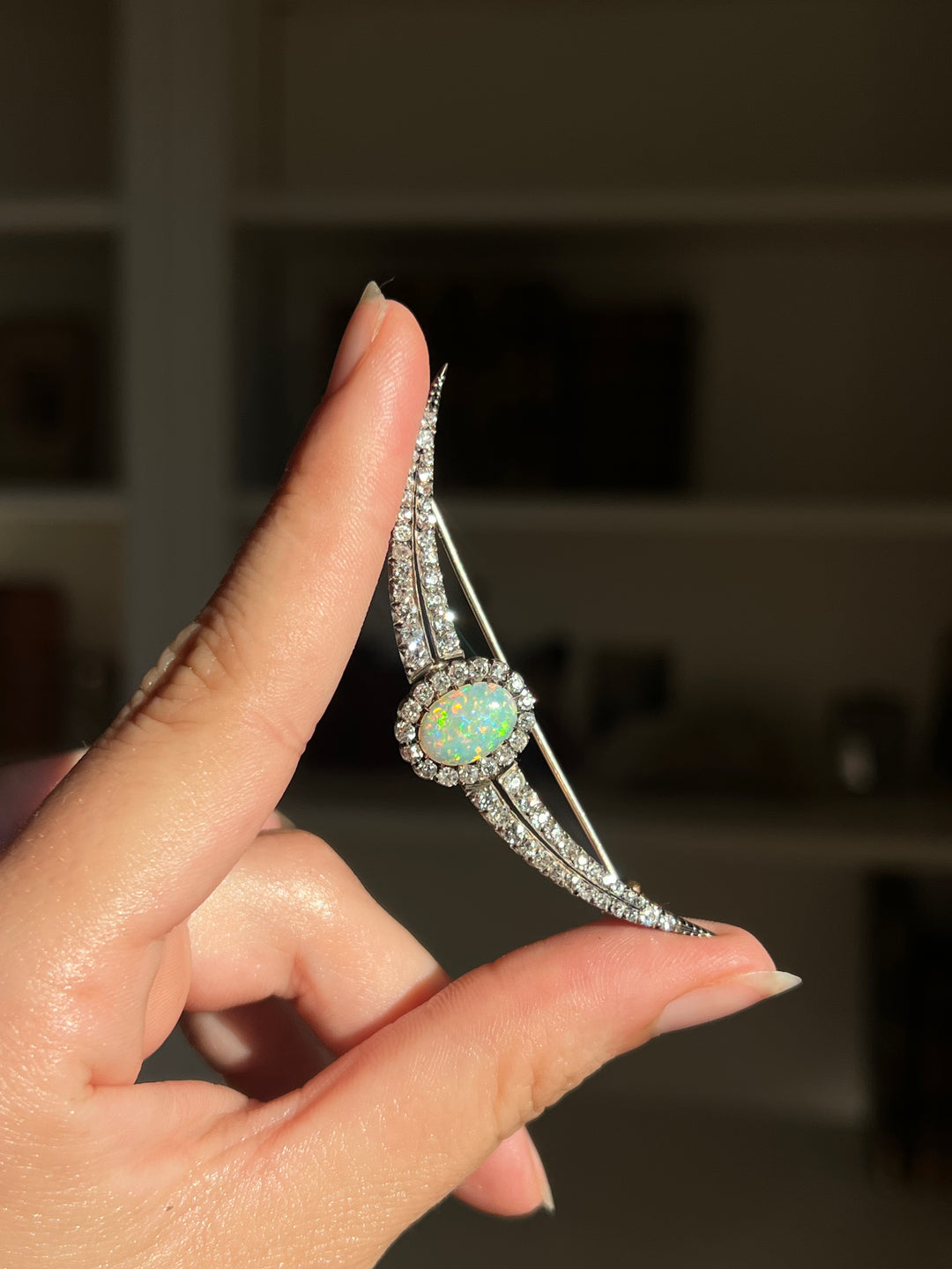 English Diamond & Opal Crescent Brooch | 2.11ctw Old Mine Diamonds 1.90ct Opal | 15ct Gold & Sterling | c.1880s