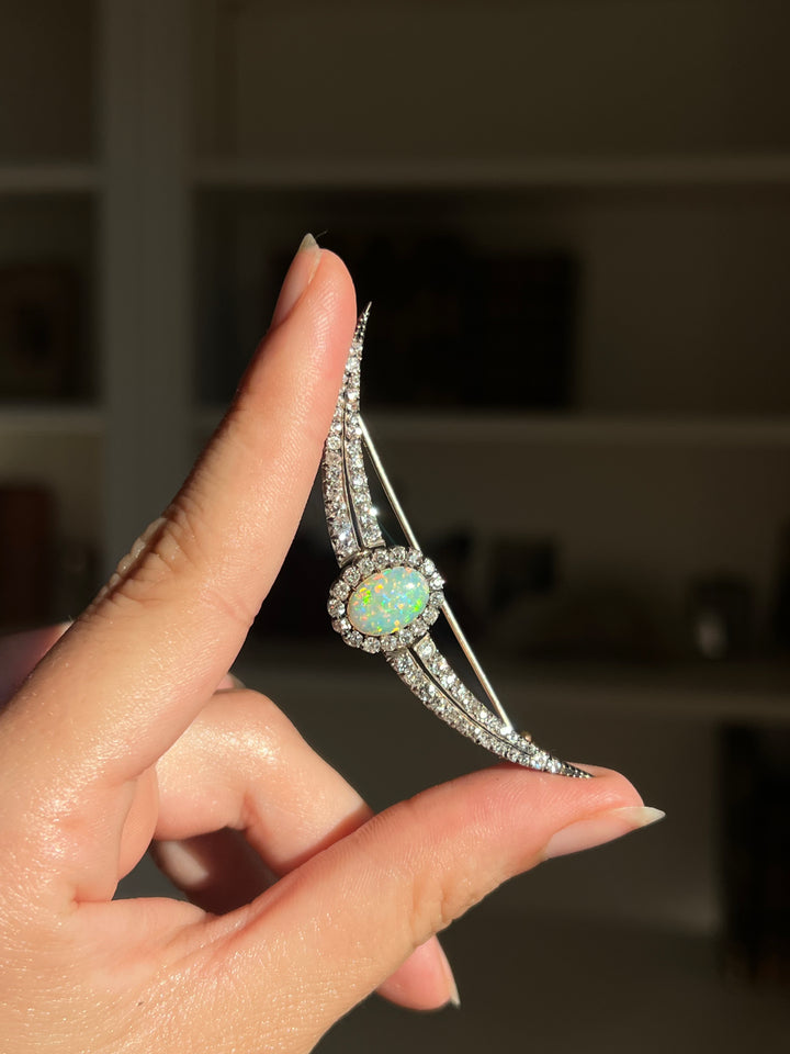 English Diamond & Opal Crescent Brooch | 2.11ctw Old Mine Diamonds 1.90ct Opal | 15ct Gold & Sterling | c.1880s