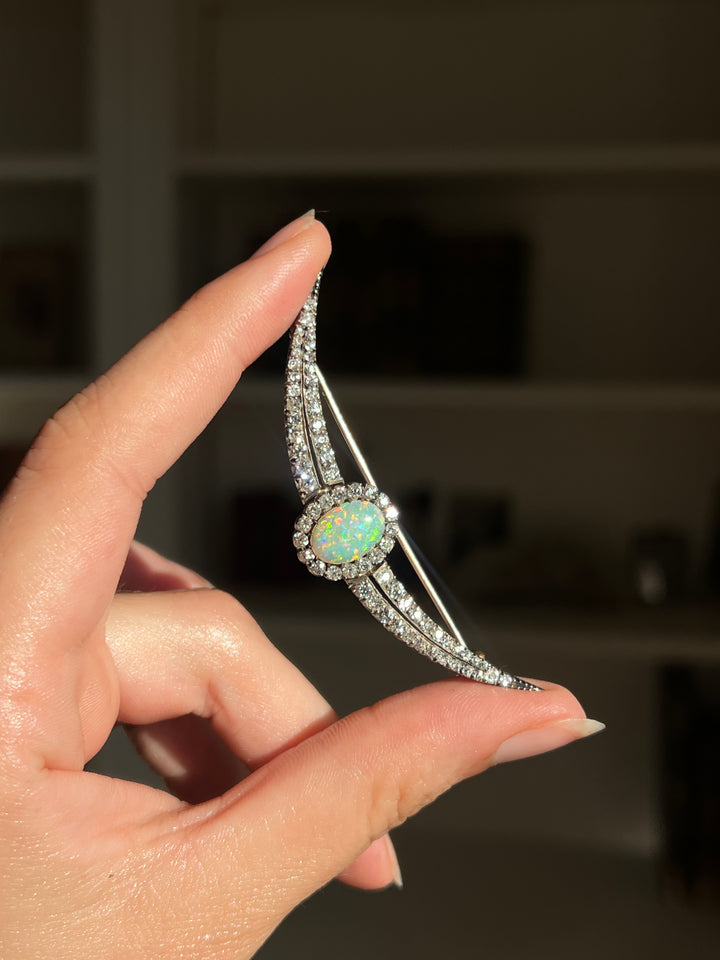 English Diamond & Opal Crescent Brooch | 2.11ctw Old Mine Diamonds 1.90ct Opal | 15ct Gold & Sterling | c.1880s