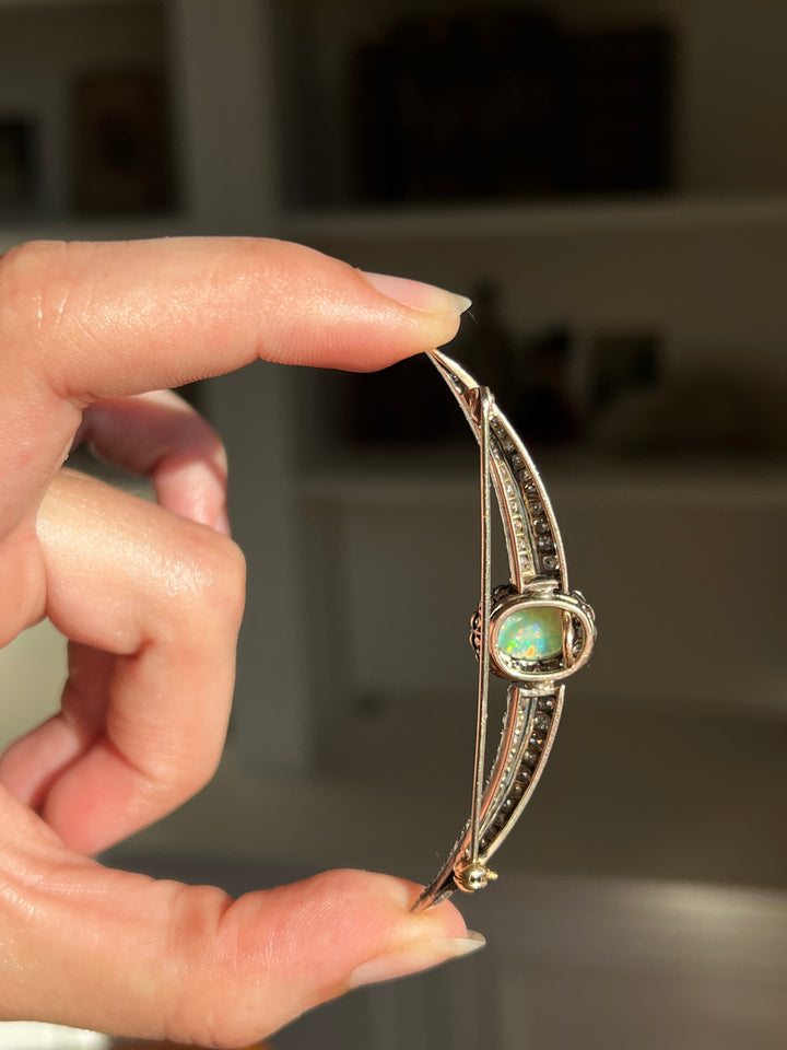 English Diamond & Opal Crescent Brooch | 2.11ctw Old Mine Diamonds 1.90ct Opal | 15ct Gold & Sterling | c.1880s