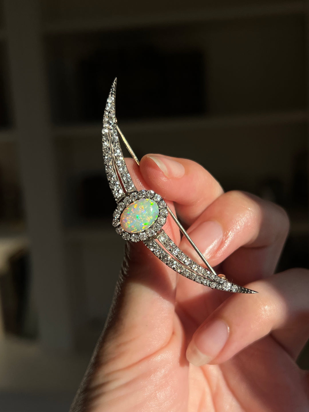 English Diamond & Opal Crescent Brooch | 2.11ctw Old Mine Diamonds 1.90ct Opal | 15ct Gold & Sterling | c.1880s