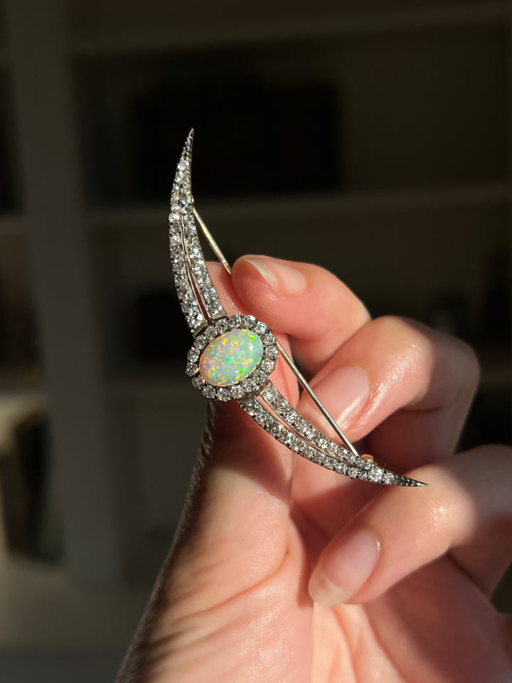 English Diamond & Opal Crescent Brooch | 2.11ctw Old Mine Diamonds 1.90ct Opal | 15ct Gold & Sterling | c.1880s