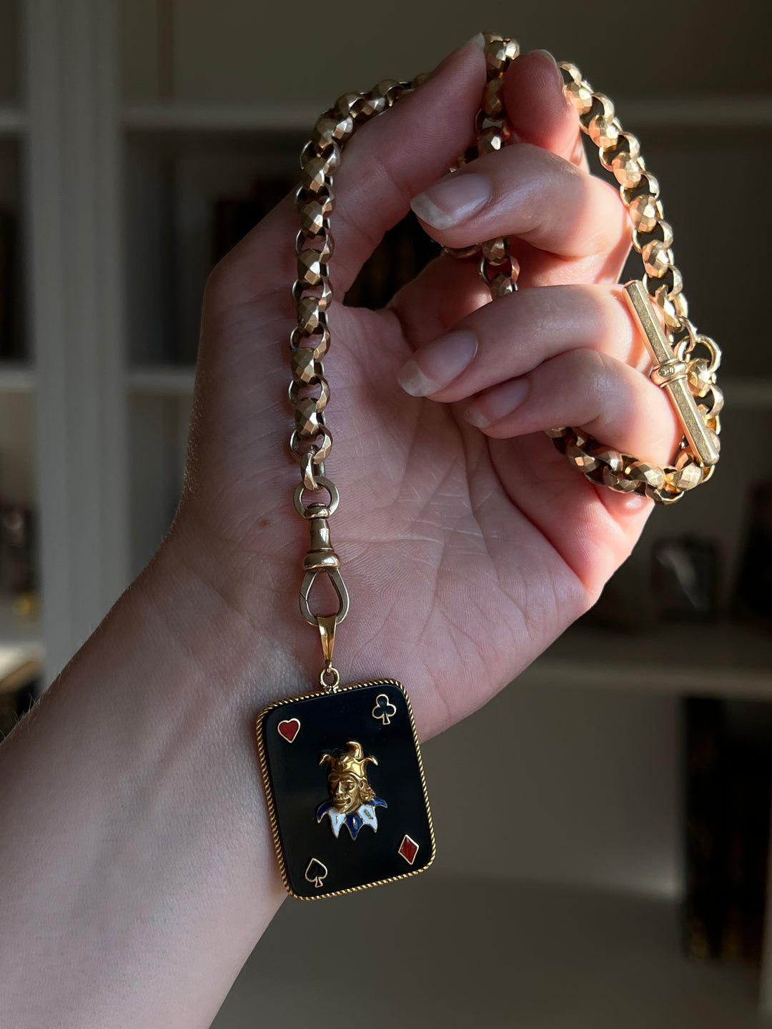 Joker Playing Card in 14ct Gold & Onyx | Multi-Colour Enamel Pendant | c.1960s