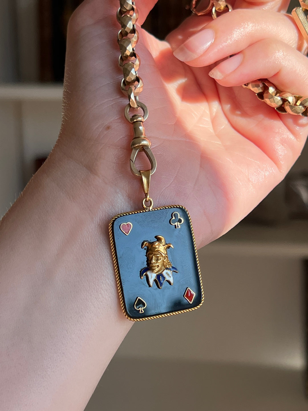 Joker Playing Card in 14ct Gold & Onyx | Multi-Colour Enamel Pendant | c.1960s
