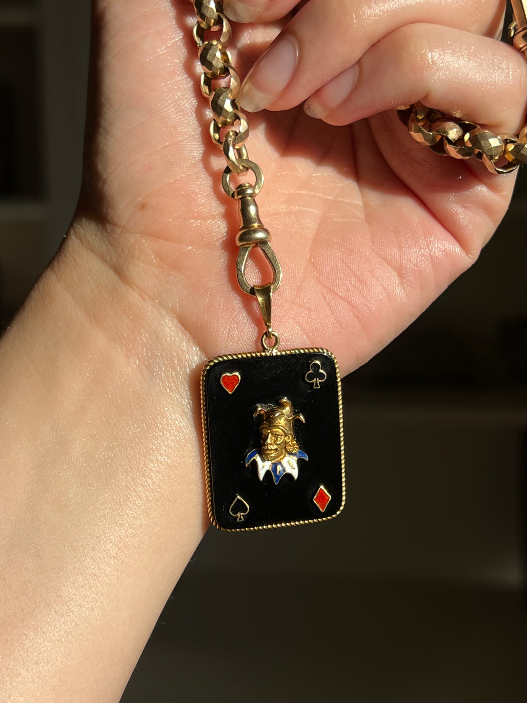 Joker Playing Card in 14ct Gold & Onyx | Multi-Colour Enamel Pendant | c.1960s