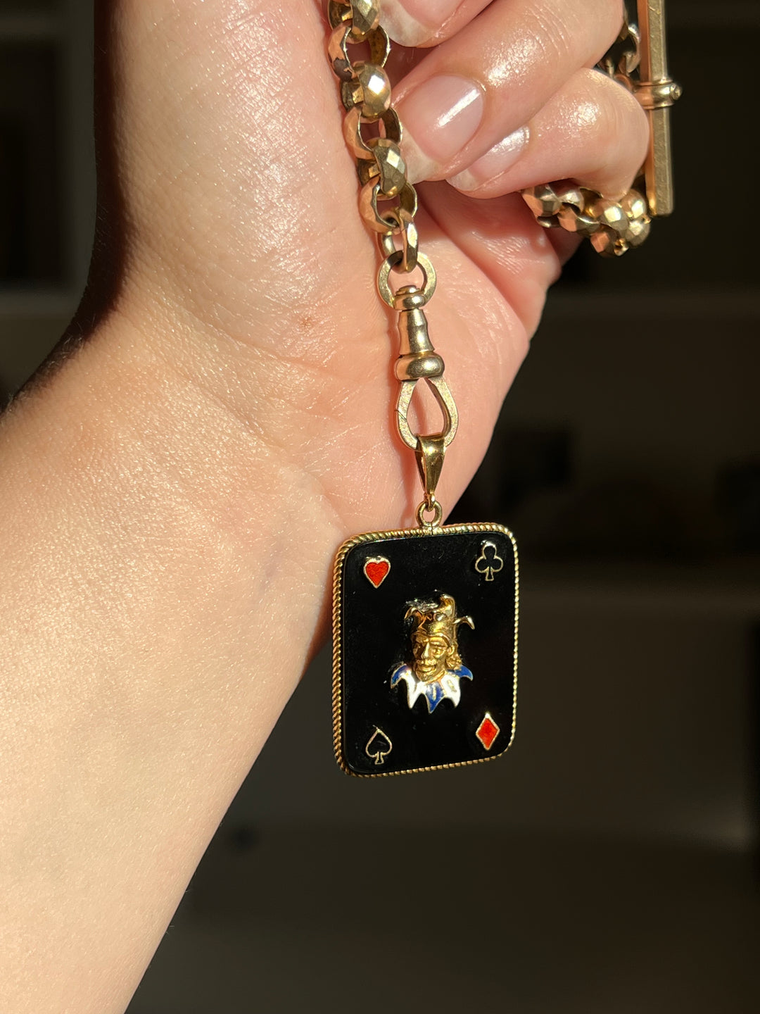 Joker Playing Card in 14ct Gold & Onyx | Multi-Colour Enamel Pendant | c.1960s
