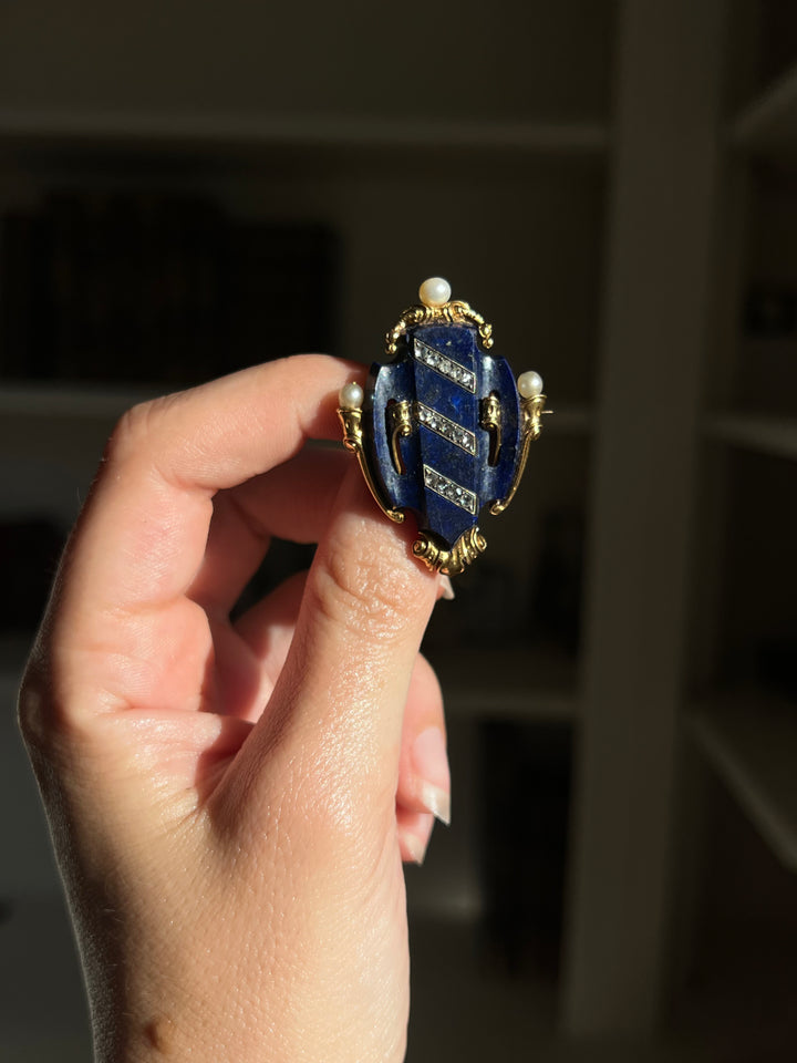 French Lapis Shield Brooch | Rose Cut Diamonds & Natural Pearls | 18ct Gold | Napoleon III c.1860-1870
