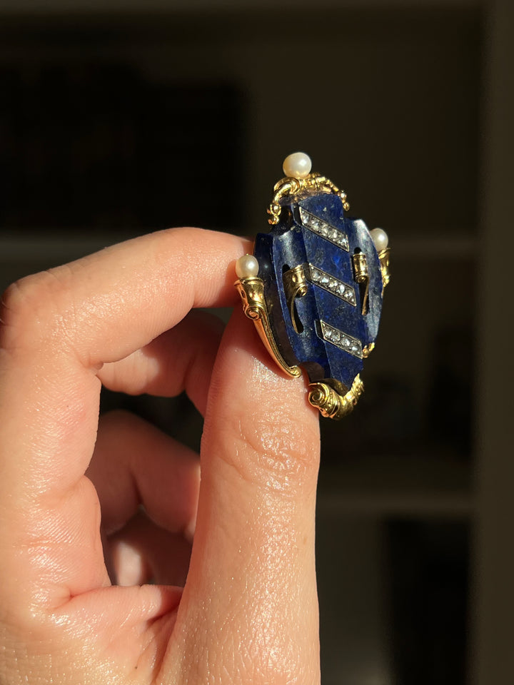 French Lapis Shield Brooch | Rose Cut Diamonds & Natural Pearls | 18ct Gold | Napoleon III c.1860-1870