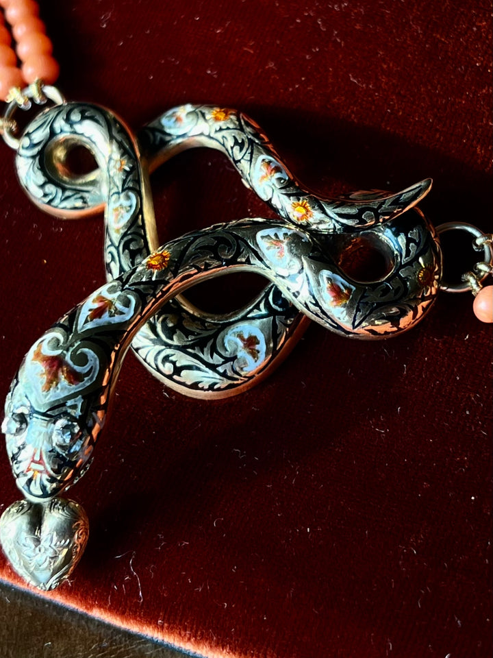 Outstanding Coral and Enamel Snake Necklace c. 1830