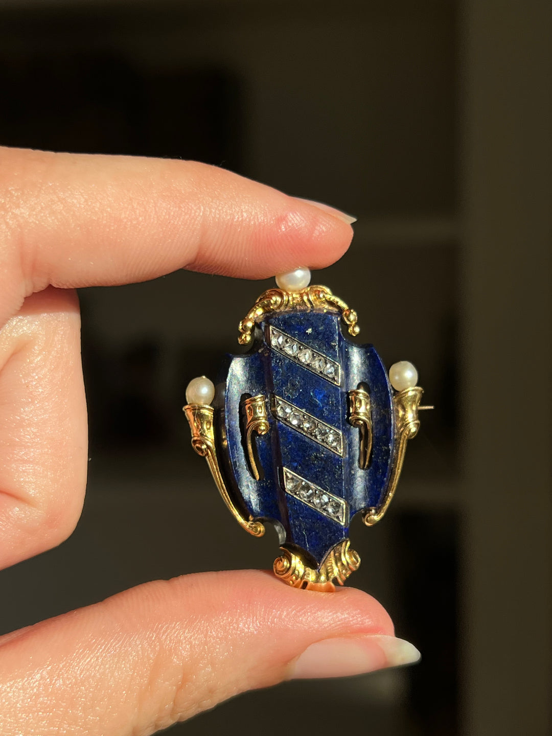 French Lapis Shield Brooch | Rose Cut Diamonds & Natural Pearls | 18ct Gold | Napoleon III c.1860-1870