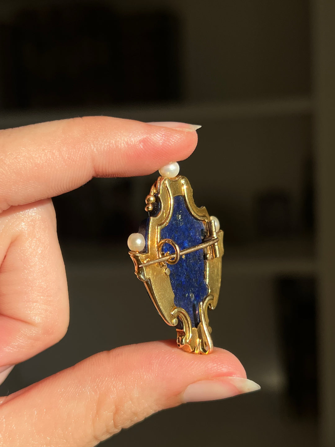French Lapis Shield Brooch | Rose Cut Diamonds & Natural Pearls | 18ct Gold | Napoleon III c.1860-1870