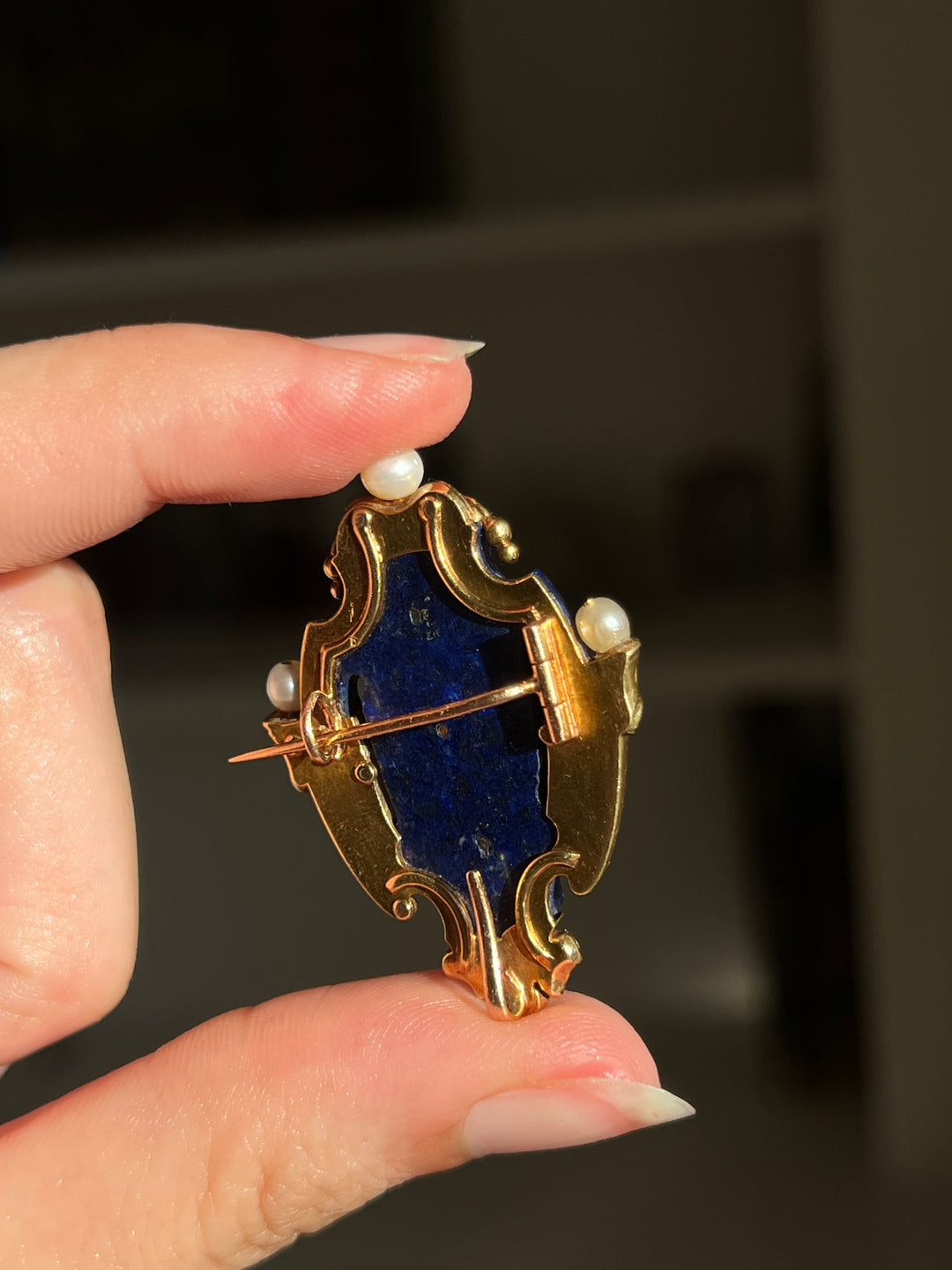 French Lapis Shield Brooch | Rose Cut Diamonds & Natural Pearls | 18ct Gold | Napoleon III c.1860-1870
