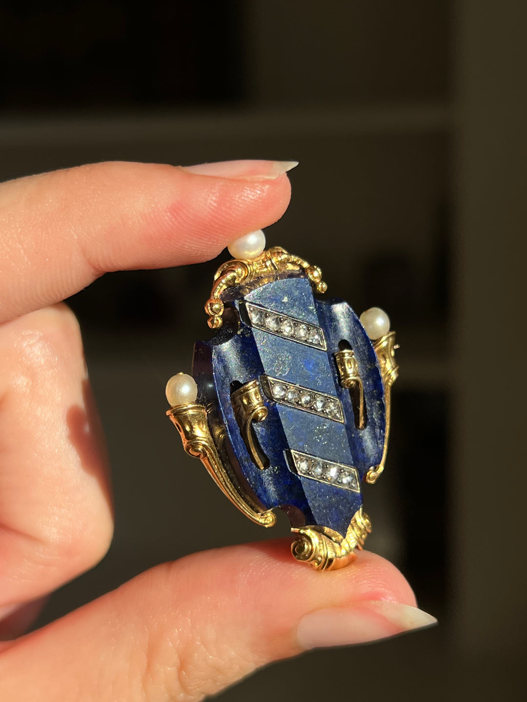 French Lapis Shield Brooch | Rose Cut Diamonds & Natural Pearls | 18ct Gold | Napoleon III c.1860-1870