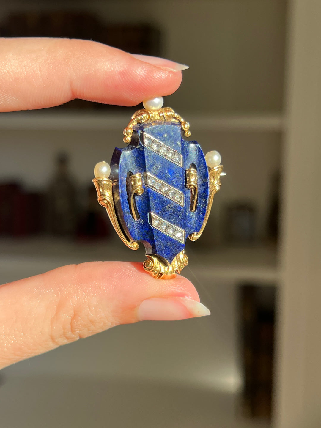 French Lapis Shield Brooch | Rose Cut Diamonds & Natural Pearls | 18ct Gold | Napoleon III c.1860-1870
