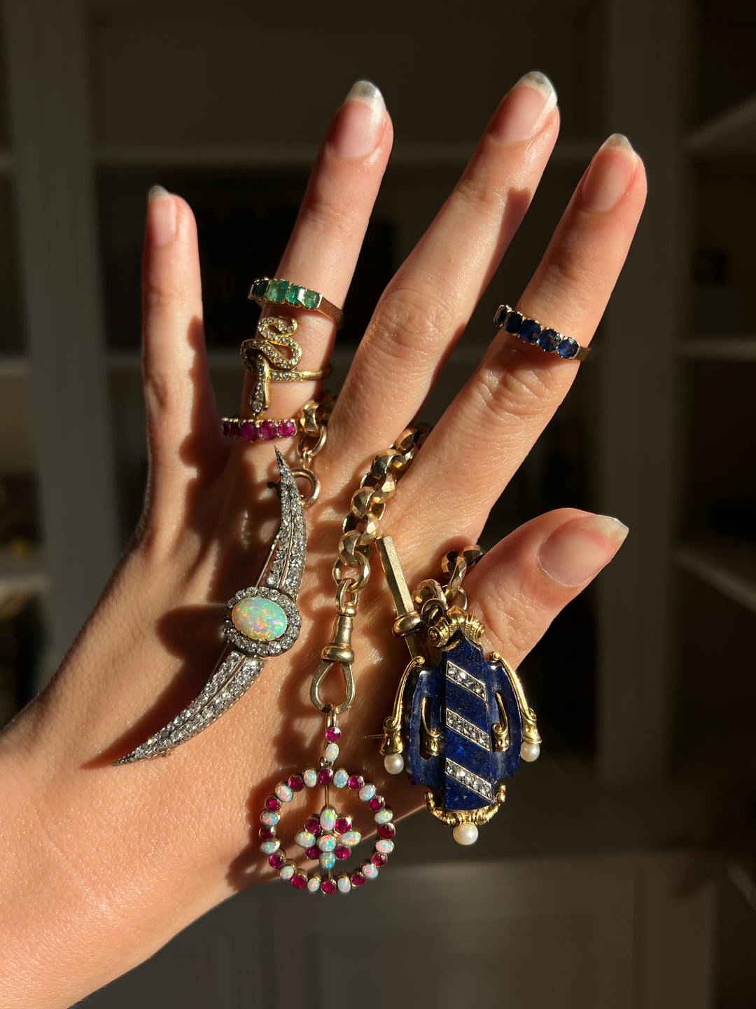 English Diamond & Opal Crescent Brooch | 2.11ctw Old Mine Diamonds 1.90ct Opal | 15ct Gold & Sterling | c.1880s