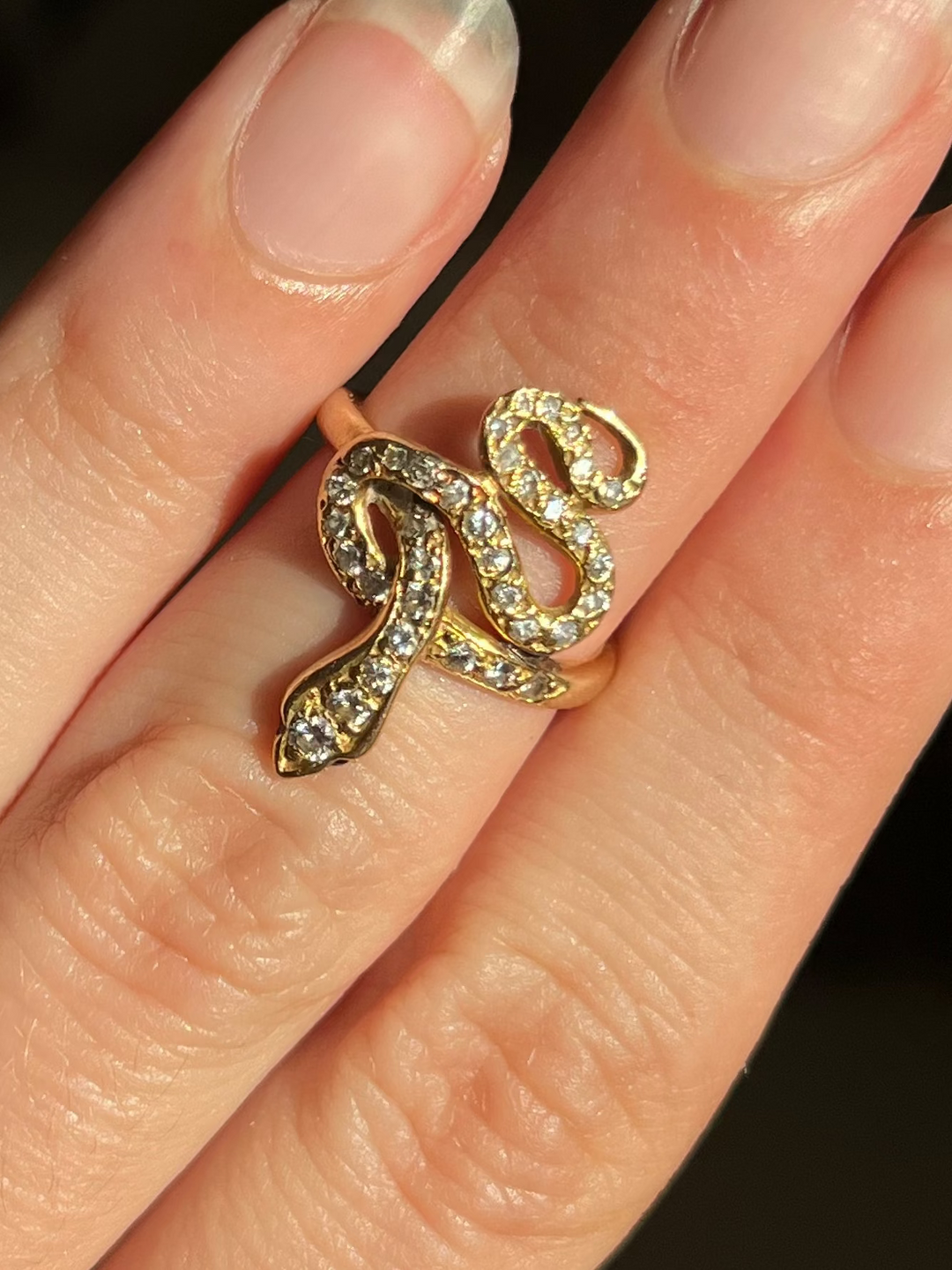 French 18ct Snake Ring | Sapphire Eyes & .45ctw Diamond Body | c.1900-1920